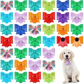 Jutom 40 Pcs Sequin Dogs Collar Bow Ties Sequin Attachment Slide Dog Collar Removable Bowties with Elastic Bands Adjustable Pet Bowties Holiday Pet Grooming Bow Ties for Small