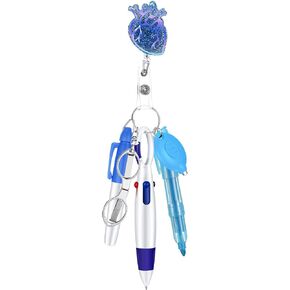 6 Pcs Nurse Badge Accessories Includes Heart Badge Reel Holder Permanent Marker Pen Retractable Ball Pen Foldable Scissors Acrylic LED Flashlight Keychain Highlighter for Nurse (Blue)