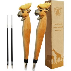 MAGIC WOOD 2PCS الخشب المنحوت الحيوان هلام القلم 100٪ يدويا وhandpaited، لطيف القرطاسية اللوازم المدرسية مكتب التموين، متعة القلم الكتابة الجدة القلم، هدية فريدة من نوعها القلم للحيوان (موس)