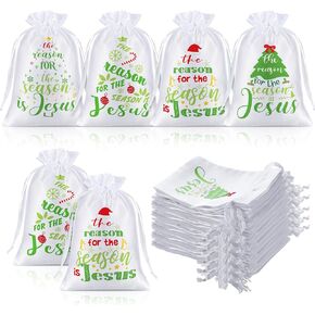 35 Pcs Religious Christmas Gift Bags Satin 4 X 6 Inch Jesus is the Reason for the Season Christian Christmas Tree Drawstring Bag Candy Goodie Bag for Church Sunday School Holiday Party Favor