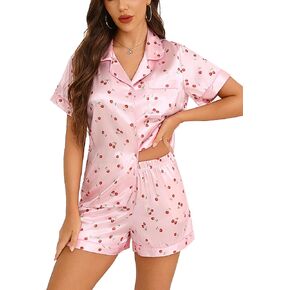 Anjue Silk Satin Pajamas Set Women's Short Sleeve Sleepwear Soft Pjs Shorts Set Two Piece Button Down Pj Set S-XXL