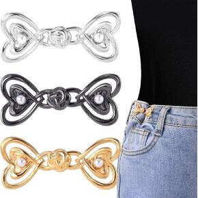 3 Sets Heart Pant Waist Tightener, Adjustable Jeans Button Pin Clips, No Sew Detachable for Loose Jeans to Make Smaller Instant Silver Gold Black