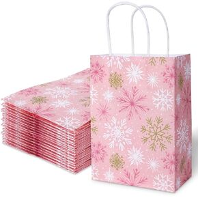Generic AnyDesign 24Pcs Christmas Paper Gift Bags with Handles Gold Pink Winter Snowflake Party Favor Bags Candy Goodie Treat Bags for Xmas Holiday Party Supplies