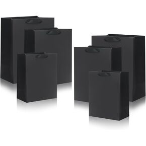 QIELSER 12 Pack Black Gift Bags with Ribbon Handles, Kraft Paper Gift Bags with Tissue Paper 3 Different Sizes in 8.5", 10" and 13" for Party Favor, Wedding, Retail, Business, Graduations