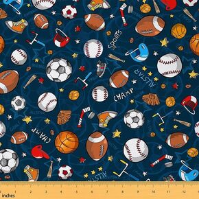 Feelyou Balls Theme Fabric by The Yard,Football Basketball Baseball Upholstery Fabric, Sports Game Outdoor Fabric, Baseball Gaming Reupholstery Fabric for Chairs, 1 Yard, Blue