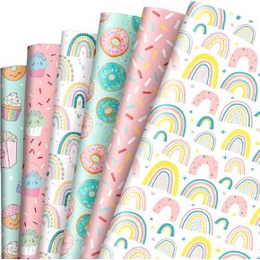 AnyDesign 12 Sheet Rainbow Dessert Wrapping Paper Donut Cake Gift Wrap Paper Bulk Decorative Art Paper Folded Flat for Birthday Baby Shower DIY Crafts Supplies, 19.7 x 27.6 Inch