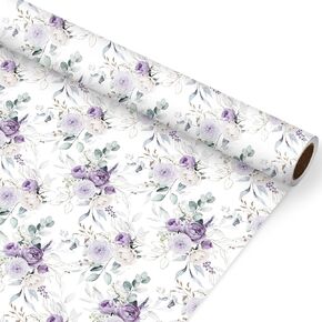 JarThenaAMCS Purple Floral Wrapping Paper -Mini Roll- 17in x 32.8Ft Watercolor Lavender Flower Gift Wrap Paper for Spring Party Wrapping Supplies