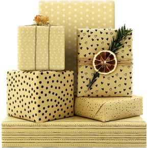 Kraft Brown Black White Wrapping Paper Folded Flat 6 Sheets 6 Designs: 23sq. ft. ttl-Pattern include Hearts Polka Dots Stars Stripe Waves For Winter Solstice Christmas Holiday Birthday Gift Wrap