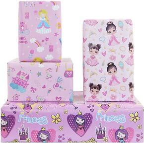 Princess Dressed in Pretty outfits On Pink Gift Wrapping Paper Flat Sheets (4-Sheets, 4-Designs: 15 sq. ft. ttl)-For Girls Baby Shower, Birthday, Christmas Holiday Gift Wrap, Princess Party Supplies and More