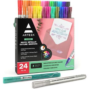 Arteza Double Outline Markers, 24 Colors, Silver Alcohol Markers, Create Metallic Lines with Vivid Color Outlines, Work on Cards, Paper, and Canvas in Saudi Arabia