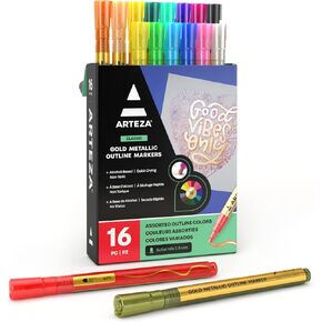 Arteza Double Outline Markers, 24 Colors, Silver Alcohol Markers, Create Metallic Lines with Vivid Color Outlines, Work on Cards, Paper, and Canvas