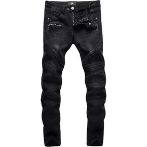 ZLZ Black Biker Jeans for Men Slim Fit, Men's Comfy Stretch Ripped Distressed Biker Jeans Pants Rock Revival, Designer Jeans