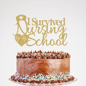 I Survived Nursing School Cake Topper, Congrats Nurse Cake Toppers, Nursing School Survivor Decor, Class of 2024 Graduation Party Decorations Gold Glitter