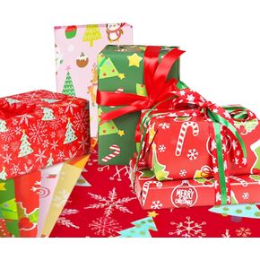Chris.W 12 Pcs Christmas Gift Wrapping Paper Sheet with 6 Different Design Red Santa Claus Christmas Tree Snowman Folded Flat Paper DIY Art Craft Paper for Christmas Decoration Men, Women, Kids Party Gift