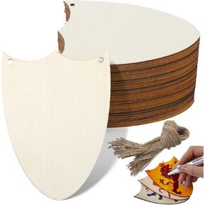 Suzile 36 Pcs Wood Shield Bulk Decorate Shield Cutout Crafts Set Unfinished Wooden Gift Tags Knight Party Father's Day Favors Ornaments with Hole Hemp Ropes for DIY Door Birthday Party