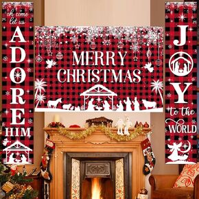 Christmas Nativity Door Banner Set, Merry Christmas Backdrop - Oh Come Let Us Adore Him Joy to The World Red Plaid Outdoor Yard Front Porch Sign Wall Decor Party Decorations Supplies