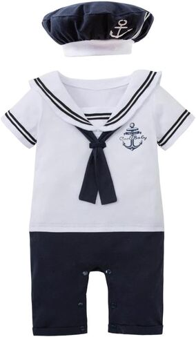 Dressy Daisy Infant Baby Boy Sailor Outfit Nautical Onesie Romper Bodysuit Costume Clothes with Hat, White Navy in Saudi Arabia