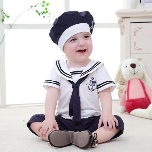 Dressy Daisy Infant Baby Boy Sailor Outfit Nautical Onesie Romper Bodysuit Costume Clothes with Hat, White Navy in Saudi Arabia