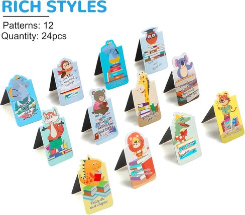24 قطعة من الإشارات المرجعية المغناطيسية، مجموعة الإشارات المرجعية المغناطيسية للحيوانات، الإشارات المرجعية المغناطيسية للأطفال والمدرسة والطلاب ومستلزمات القراءة المكتبية (12 نمطًا، 5.5 × 3 سم) in Kuwait