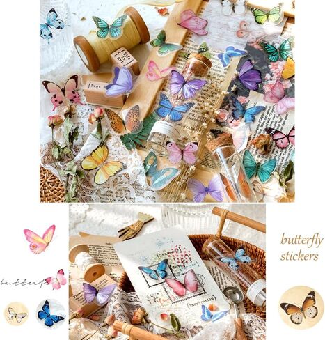 320Pcs Transparent Sticker Bag Self-Adhesive Stickers for Scrapbooking Journaling Tulip Rose Butterfly Feather Fern Stickers for Handmade Bookmark Card DIY Handcraft Junk Journal (320pcs Feather A) in Saudi Arabia