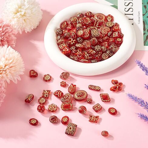 Beadthoven 100G Assorted Vintage Acrylic Beads - Transparent Flower Leaf, Gold Plated Bohemia Aesthetic Imitated Czech Beads for Jewelry Making - Bracelet, Necklace DIY Crafts - Brown in Saudi Arabia
