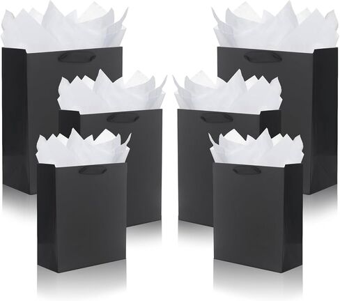 QIELSER 12 Pack Black Gift Bags with Ribbon Handles, Kraft Paper Gift Bags with Tissue Paper 3 Different Sizes in 8.5", 10" and 13" for Party Favor, Wedding, Retail, Business, Graduations in Saudi Arabia
