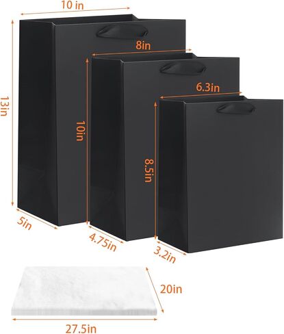 QIELSER 12 Pack Black Gift Bags with Ribbon Handles, Kraft Paper Gift Bags with Tissue Paper 3 Different Sizes in 8.5", 10" and 13" for Party Favor, Wedding, Retail, Business, Graduations in Saudi Arabia