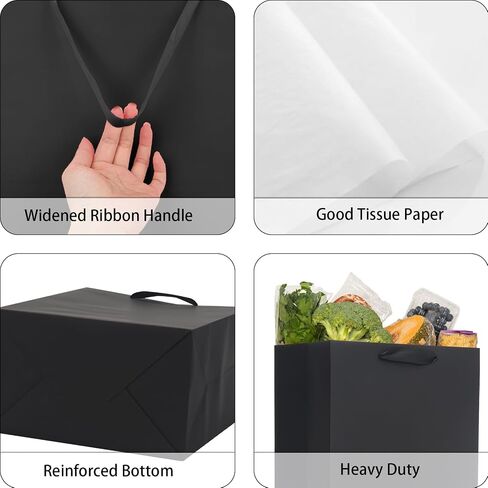 QIELSER 12 Pack Black Gift Bags with Ribbon Handles, Kraft Paper Gift Bags with Tissue Paper 3 Different Sizes in 8.5", 10" and 13" for Party Favor, Wedding, Retail, Business, Graduations in Saudi Arabia
