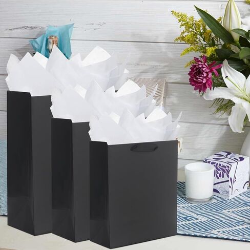 QIELSER 12 Pack Black Gift Bags with Ribbon Handles, Kraft Paper Gift Bags with Tissue Paper 3 Different Sizes in 8.5", 10" and 13" for Party Favor, Wedding, Retail, Business, Graduations in Saudi Arabia