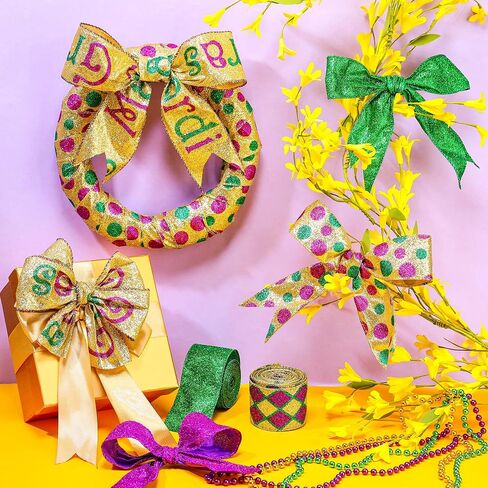 6 لفات بطول 30 ياردة من شريط حافة سلكية من Mardi Gras باللون الأرجواني الذهبي والأخضر شريط تغليف معدني لامع لتزيين حفلات Mardi Gras Masquerade (نمط فني) in Saudi Arabia