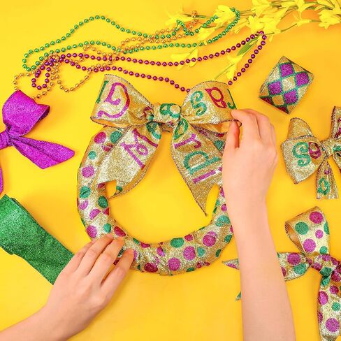 6 لفات بطول 30 ياردة من شريط حافة سلكية من Mardi Gras باللون الأرجواني الذهبي والأخضر شريط تغليف معدني لامع لتزيين حفلات Mardi Gras Masquerade (نمط فني) in Saudi Arabia