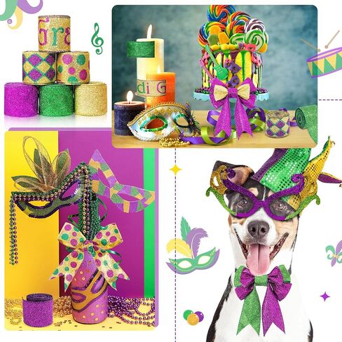 6 لفات بطول 30 ياردة من شريط حافة سلكية من Mardi Gras باللون الأرجواني الذهبي والأخضر شريط تغليف معدني لامع لتزيين حفلات Mardi Gras Masquerade (نمط فني) in Saudi Arabia