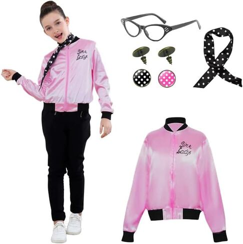 Child Girls Pink Satin Ladys Jacket 50S Pink Satin Jacket Halloween Costumes Little Girls' Coat Size 6-14 in Saudi Arabia