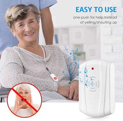 AMIR Caregiver Pager نظام زر الاتصال اللاسلكي، نظام تنبيه الممرضات جرس الاتصال للمنزل/كبار السن/المريض في حالات الطوارئ الاهتزاز النداء وزر الطوارئ (1 جهاز استقبال + 1 زر) in Kuwait