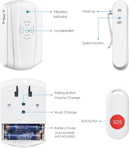 AMIR Caregiver Pager نظام زر الاتصال اللاسلكي، نظام تنبيه الممرضات جرس الاتصال للمنزل/كبار السن/المريض في حالات الطوارئ الاهتزاز النداء وزر الطوارئ (1 جهاز استقبال + 1 زر) in Kuwait