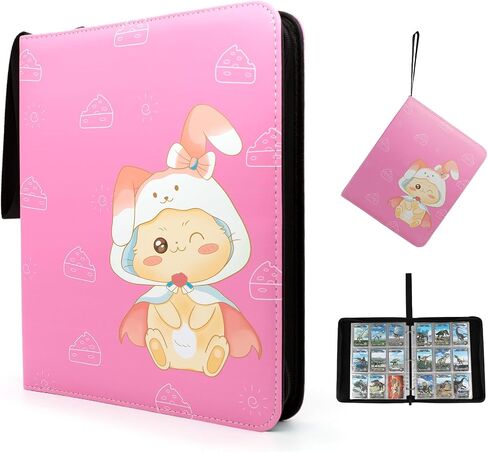 9 Pocket Card Binder - Premium Zip Trading Card Binder - 900 Double Sided Pocket PU Collection Binder - Gift for Girls (Pink Kitten 9-Pocket) in Saudi Arabia