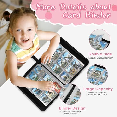 9 Pocket Card Binder - Premium Zip Trading Card Binder - 900 Double Sided Pocket PU Collection Binder - Gift for Girls (Pink Kitten 9-Pocket) in Saudi Arabia