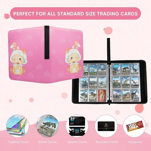 9 Pocket Card Binder - Premium Zip Trading Card Binder - 900 Double Sided Pocket PU Collection Binder - Gift for Girls (Pink Kitten 9-Pocket) in Saudi Arabia