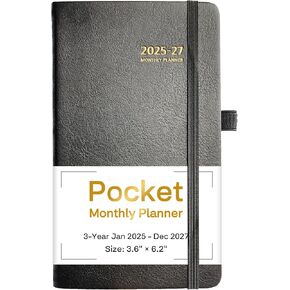 2025-2027 Pocket Monthly Planner, 3 Year Calendar 2025-2027, 6.2’’ x 3.6’’, Small Pocket Calendar 2025, 36 Months from Jan 2025 - Dec 2027, Hardcover, Back Pocket, Thick Paper, Lightweight to carry