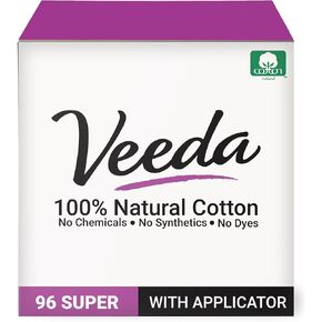 Veeda 100% Natural Cotton Tampons - Super Absorbency with Leak Proof Protection - Compact BPA-Free Applicator - Unscented & Free from Chlorine, Toxin - 64 Count