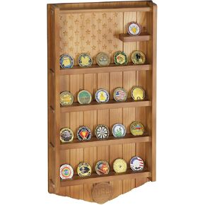 Challenge Coin Display Holder Wall Mount, 5 Rows Solid Wood Military Coin Case Display Stand Holds 21-26 Coins, Army Coin Rack with American Flag, Walnut