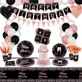 221 PCS Black and Rose Gold Party Supplies - Rose Gold Party Balloon, Birthday Banner, Cake Topper, Plates, Napkins, Cups and Tablecloth for Girl Women Party Decorations, Serves 20 Guest