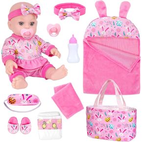 ZQDOLL 12" Baby Doll, Bunny Theme Clothes and Sleeping Bag, Realistic Baby Dolls Accessories Set Girl Easter Gift Toy Stuff Pacifier Slippers Bottle Diapers Hanky Eye Mask for Baby Toddlers 3 Ages+
