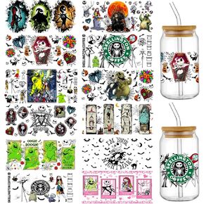 UV DTF Cup Wraps for 16 OZ Glass, 12 Sheets Pink Halloween Large Scary Movie Characters UV DTF Cup Wraps Sticker Funny Rub on Transfers for Crafting Cup Horror Face Scream Cup Wraps for Glass