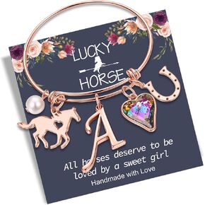 Anoup Horse Gifts for Girls - Horse Bracelets, 14K White/Rose Gold Plated Stainless Steel Bracelets | CZ Heart Horseshoe Initial Pearl | Horse Stuff | Birthday Day Gifts for Horse Lovers