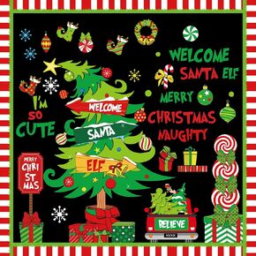 71 Pcs Christmas Bulletin Board Decorations Lime Green Red Xmas Tree Paper Cutouts Merry Christmas Sign Backdrop with Glue Points Christmas Decor for Classroom School Holiday Decor