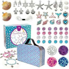 Pinwheel Crafts Mermaid Charm Bracelet Making Kit with Handle Storage Case - DIY Kids Jewelry Making Kit for Girls 8-12 - Birthday Gift & Craft Supplies for Friends & Teens with Beads, Ocean Charms