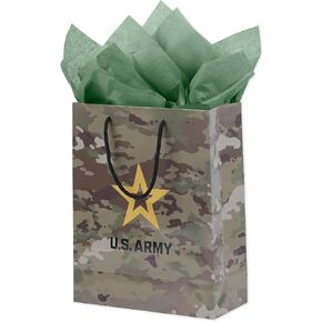 Havercamp U.S. Army Gift Bag (1) Durable Medium Gift Bag Includes 2 Hunter Green Tissue Papers, Black Rope Handles & Gift Tag, Army Themed Gift Bag, Veteran Gifts (Army Brown & Green)