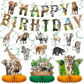 Pre-assembled Safari Animals Birthday Decorations Jungle Animal Birthday Banner Table Decoration Honeycomb Wild Jungle Animals Colourful Swirls Cards for Wild Safari Baby Shower Decorations