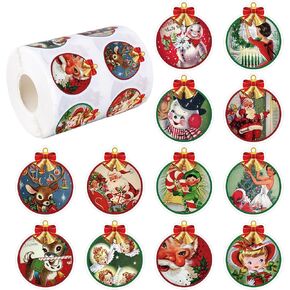 AnyDesign 1000Pcs Christmas Stickers Roll 12 Designs Vintage Red Green Round Decals 1.5 Inch Cartoon Xmas Snowman Elk Santa Claus Adhesive Decorative Label Stickers for Seals Cards Presents Envelopes